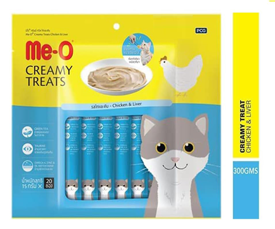 Me-O Creamy Treats Chicken Liver Flavour, 20 Sticks Cat Treat for All Life Stages of Cats and All Breed Sizes, 300g