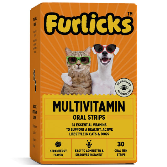 Furlicks Multivitamin for Dogs & Cats | Vitamins C, K2, B, D, A, Omega, Calcium & Zinc for Growth & Development, Heart, Liver & Joint Health, Performance & Immunity (30 Oral Dissolving Strips)