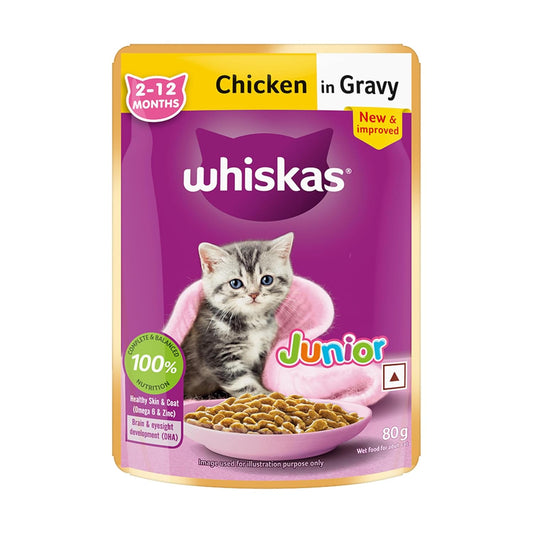 व्हिस्कास जूनियर (2-12 महीने) वेट कैट फूड, ग्रेवी में चिकन, सभी नस्लों के बिल्ली के बच्चों के लिए 100% पूर्ण और संतुलित पोषण, 80 ग्राम 