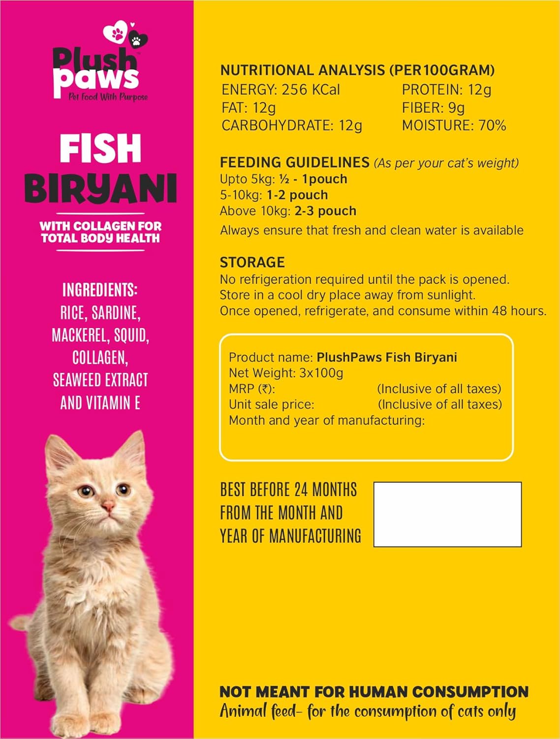 Plush Paws Adult Cat Food Fish BIRYANI with Collagen for Total Body Health, 100% Fish Protein with Real Fish Wet Food for Adult and Senior Cats, 100g