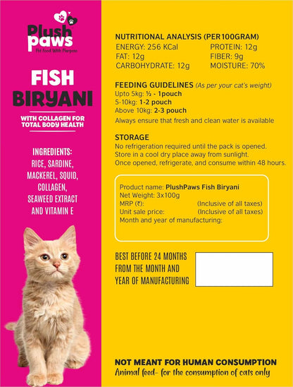 Plush Paws Adult Cat Food Fish BIRYANI with Collagen for Total Body Health, 100% Fish Protein with Real Fish Wet Food for Adult and Senior Cats, 100g