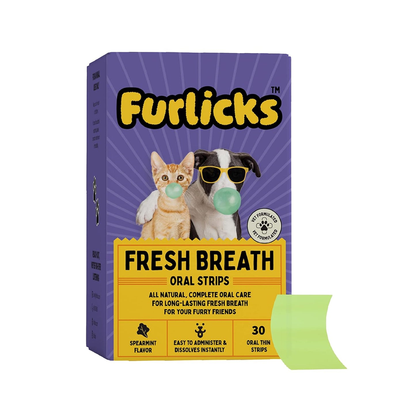 Furlicks Fresh Breath Oral Strips for Dogs & Cats | Natural Spearmint & Thymol for Easy and Convenient, All-Natural Oral Care (30 Oral Dissolving Strips)