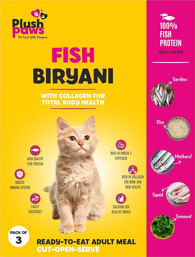 Plush Paws Adult Cat Food Fish BIRYANI with Collagen for Total Body Health, 100% Fish Protein with Real Fish Wet Food for Adult and Senior Cats, 100g