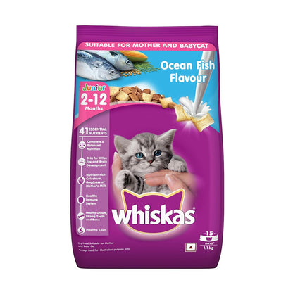 Whiskas Junior Mother Cat & Kitten (2-12 Months) Dry Cat Food, Ocean Fish Flavour, Contains 41 Essential Nutrients, Complete & Balanced Nutrition for Mother Cats & Kittens