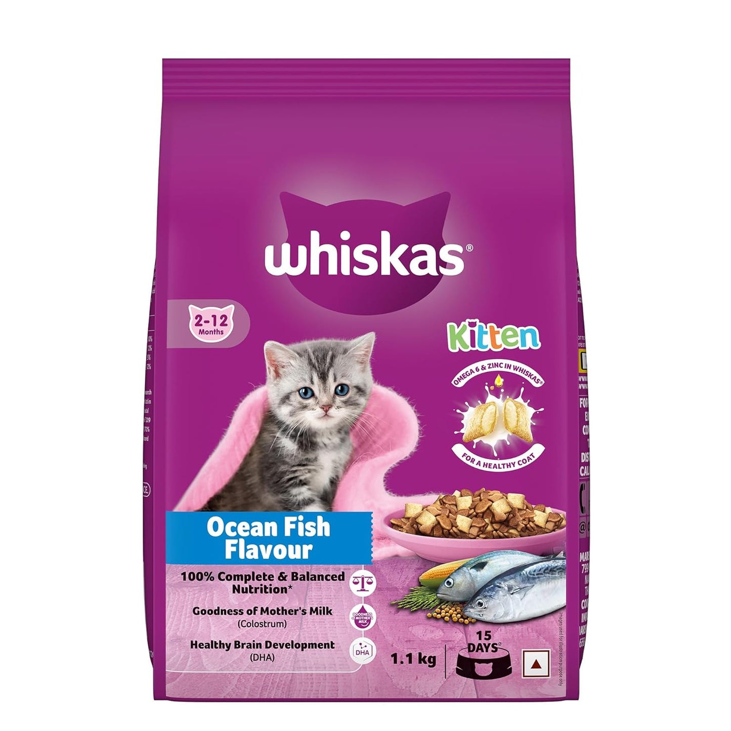 Whiskas Junior Mother Cat & Kitten (2-12 Months) Dry Cat Food, Ocean Fish Flavour, Contains 41 Essential Nutrients, Complete & Balanced Nutrition for Mother Cats & Kittens