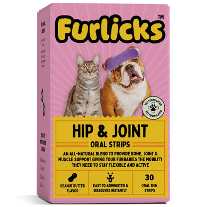 Furlicks Hip & Joint Supplement for Dogs & Cats | Marine Collagen & Calcium for Joint Mobility, Lubrication, Bone Support & Pain Relief (30 Oral Dissolving Strips)