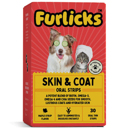 Furlicks Skin & Coat Supplement for Dogs & Cats | Biotin (Vitamin B7), Omega 3 & 6 Fatty Acids and Chia Seeds for Thick & Shiny Fur, Healthy Skin & Reduced Shedding (30 Oral Dissolving Strips)