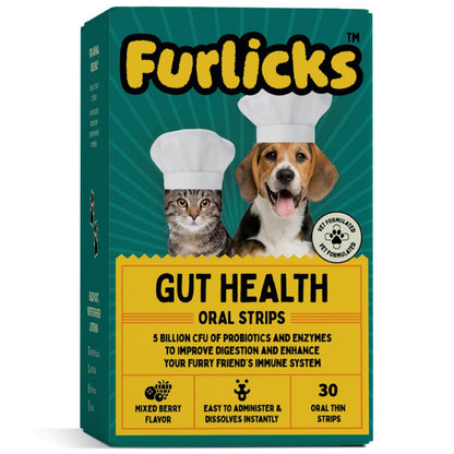 Furlicks Gut Health Supplement for Dogs & Cats | Probiotics, Protease, Lipase for Improved Digestion, Enhanced Immunity, Healthy Gut Flora & Diarrhea & Bowel Support (30 Oral Dissolving Strips)